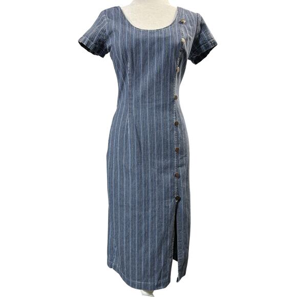 Vintage 90s Paris Size 4 6 Striped Cotton Denim Short Sleeved Dress Slit USA - Picture 1 of 10